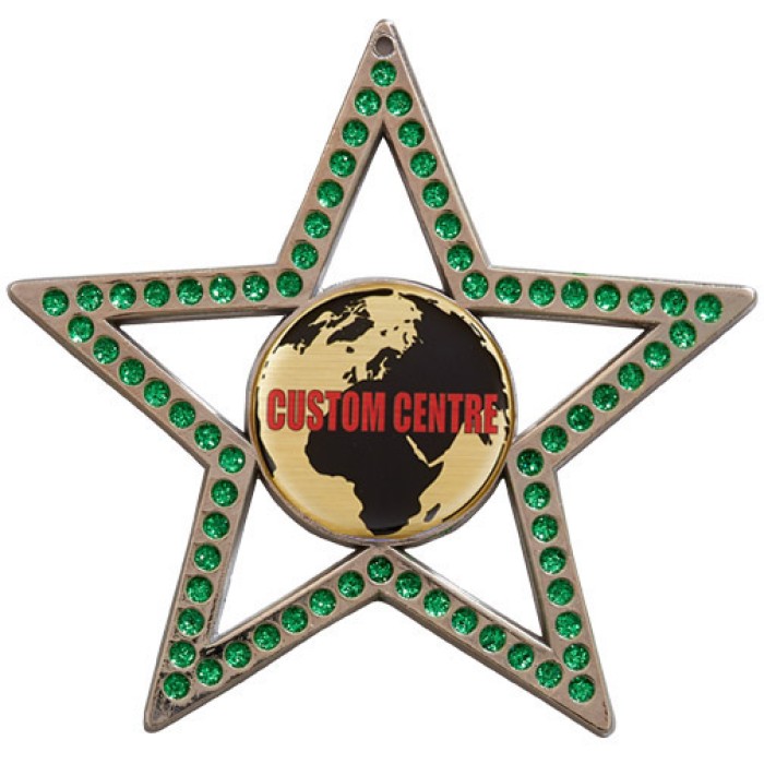 SILVER 75MM - GREEN STAR GEMSTONE CUSTOM VINYL DOMED MEDAL **SPARKLE**